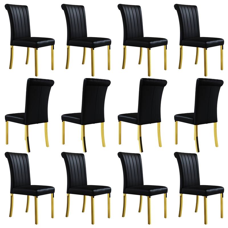 Luxury PU Leather Parsons Dining Chairs Side Chairs with Rolled Back and Stainless Steel Legs - Black and Gold - Set of 12