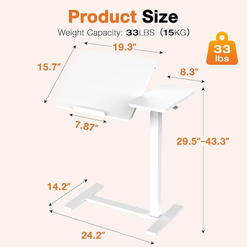 Overbed Bedside Table, Mobile Standing Desk Adjustable Height, Small Rolling Laptop Computer with Wheels, Tiltable Desktop