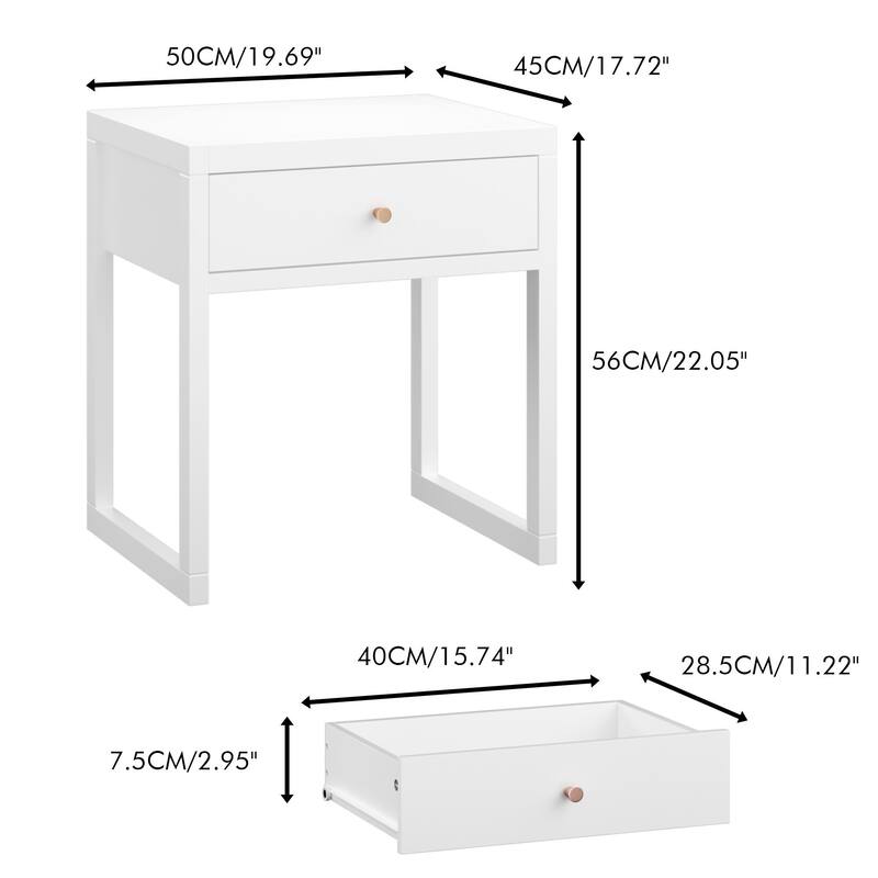 Sleek White Nightstand‌ – Minimalist Bedside Table with Wooden Pull Drawer, Space-Saving End Table for Bedrooms & Apartments.