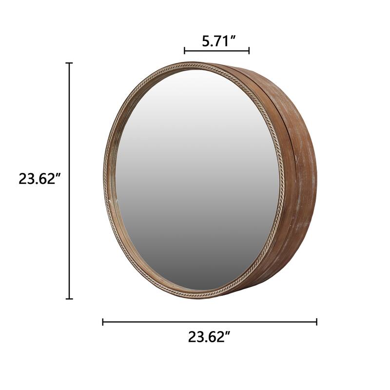 23.62" Sliding Round Wall Mirror with Storage Shelves - Natural Wood