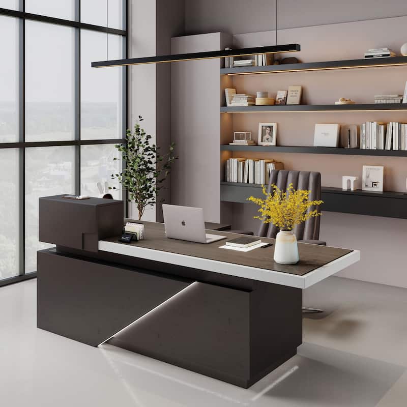 WESOME L Shaped Executive Desk with Cable Box Socket and LED Light for Home Office