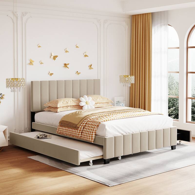 Queen Size Velvet Platform Bed with 1 Twin XL Trundle Upholstered Bed Frame and 2 Drawers Storage Bed No Box Spring Needed