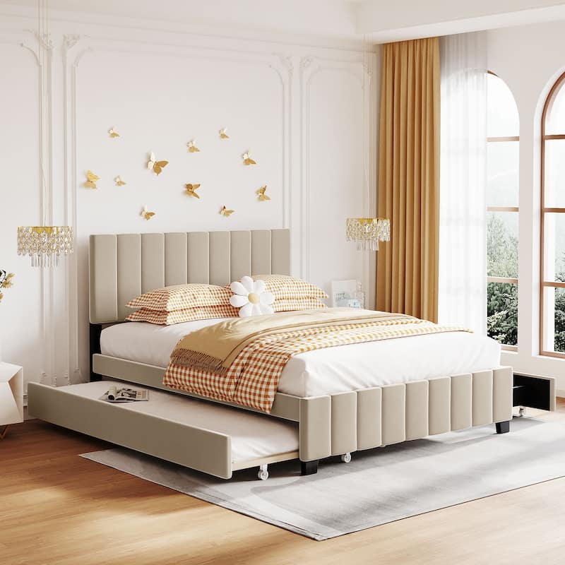 Queen Size Velvet Upholstered Platform Bed with 2 Drawers and 1 Twin XL Trundle