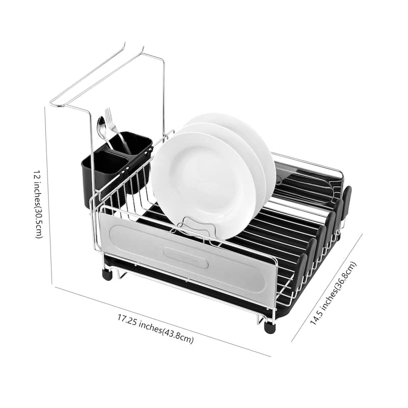 happimess Compact 17.25" Fingerprint-Proof Stainless Steel Dish Drying Rack With Wine Glass Holder, Stainless Steel/Black