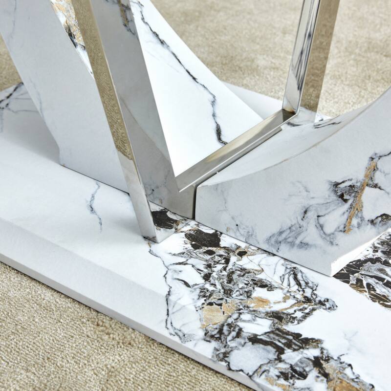 glass coffee table with marble patterned MDF legs and stainless steel decorative columns