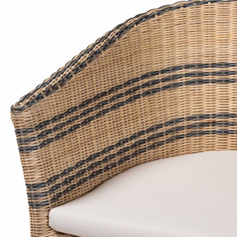 Elda Natural Rattan Accent Chair - Wicker Barrel-Back Chair with Two-Tone Woven Stripes and Cushion, Coastal Boho Style Seating