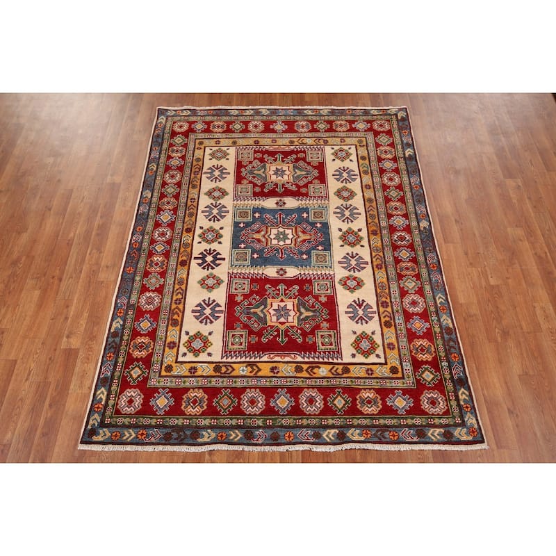Beige Kazak Oriental Area Rug Handmade Wool Carpet - 5'2" x 6'9"