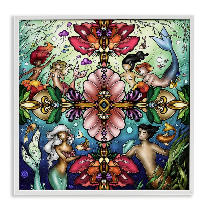 Stupell Detailed Stain Glass Style Mermaids Framed Giclee Art Design By Mandie Manzano - 24 x 24 - White