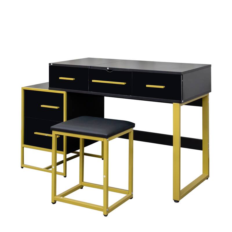 Vanity Desk with Flip Top Mirror, Large Wooden Dresser Table, Makeup Vanity Set with 4 Storage Drawers and Cushioned Stool