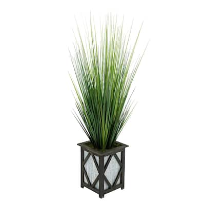 Faux PVC Grass in Short Wood/ Metal Planter