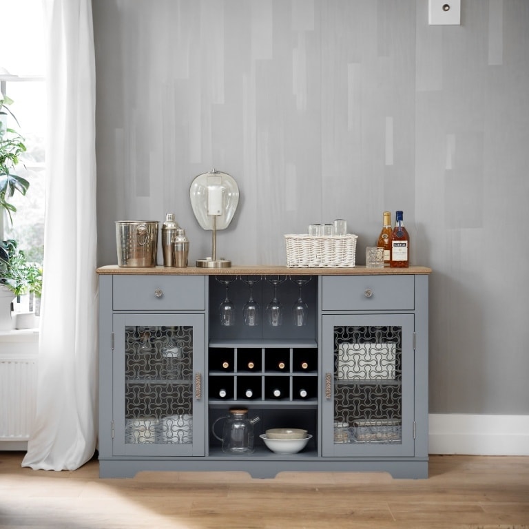 Modern Farmhouse Buffet Cabinet with Glass Doors & Wine Rack, Light Blue