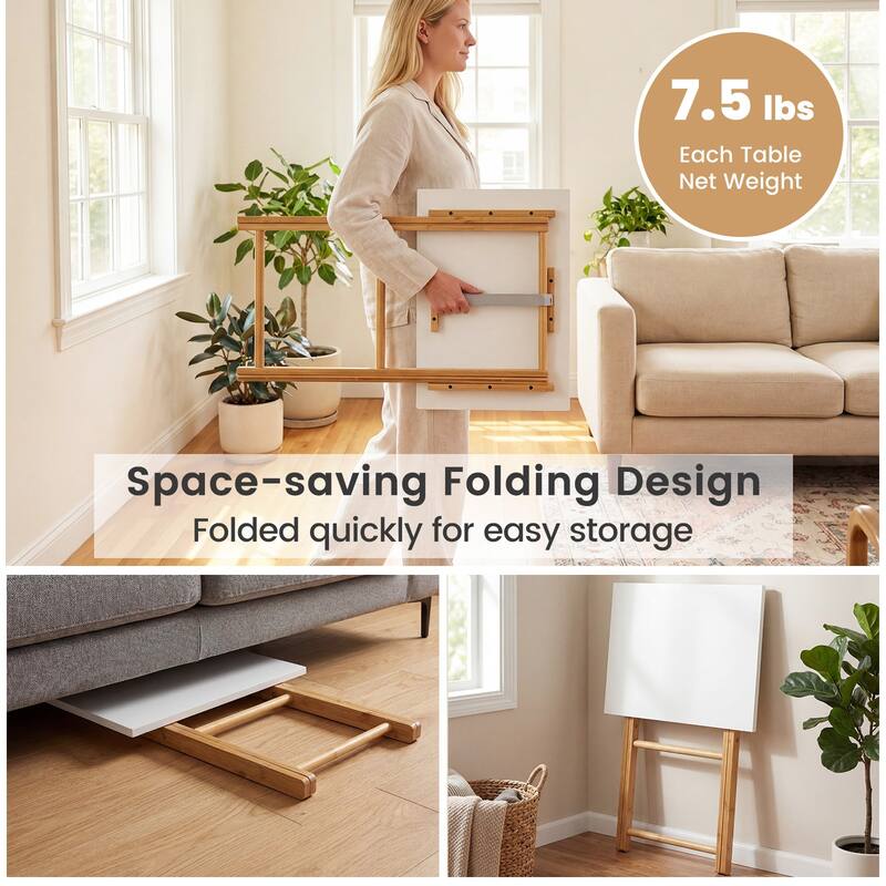 Gymax Folding TV Tray Tables Set of 2 Bamboo Snack Table for Small