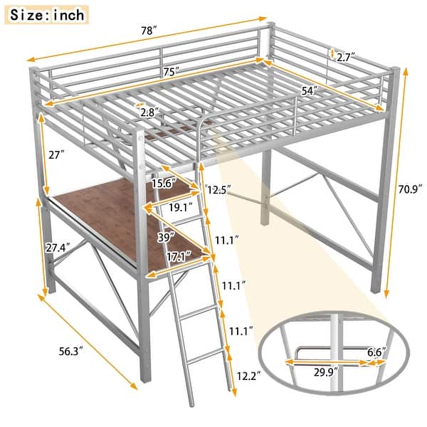 dimension image slide 0 of 2, Industrial Modern Design Full Size Metal Loft Bed with Sloping Ladder,Built-in Desk and Shelf Under-Bed,Sturdy Metal Frame