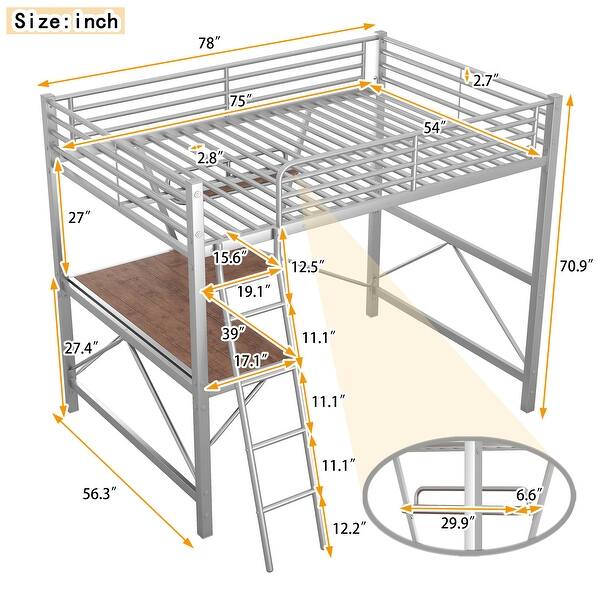dimension image slide 0 of 2, Sturdy Full Size Metal Loft Bed with Integrated Desk and Shelf - Enhanced Functionality and Space Efficiency