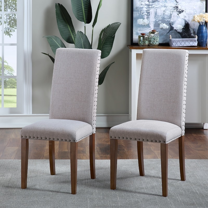 Upholstered Dining Chairs - Dining Chairs Set of 2 Fabric Dining Chairs with Copper Nails and Solid Wood Legs - Grey