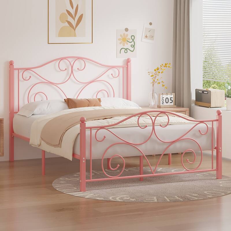 Javlergo Metal Bed Frame with Arched Headboard and Footboard, Heavy Duty Steel Slat Support, No Box Spring Needed - Pink - Full