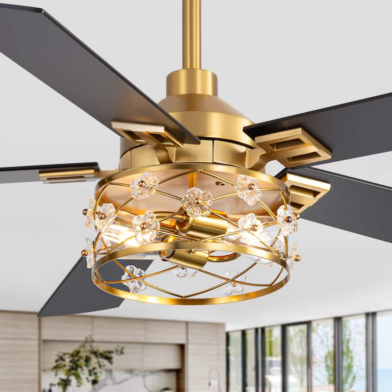52" Reversible 5-Blade Farmhouse Glam Floral Glass Caged Ceiling Fan with Light and Remote - Electroplated Gold