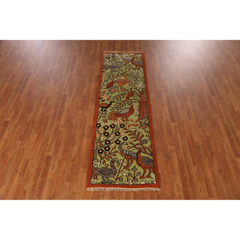 Light Green Animals Ziegler Indian Runner Rug Hand-Knotted Wool Carpet - 2'5" x 7'11"