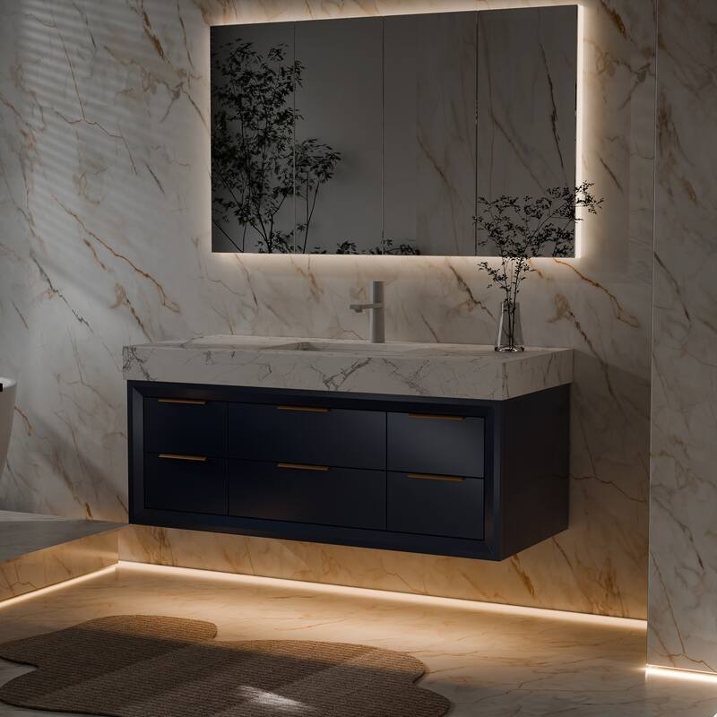 Modland 48" Modern Floating Bathroom Vanity with Single Sink, Soft-Close Drawers, White Stone Countertop