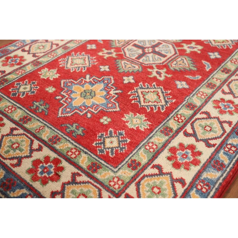 Red Geometric Kazak Foyer Rug Handmade Wool Carpet - 2'7"x 4'0"