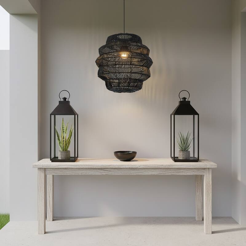 Cana 1-Light Wicker Outdoor Pendant, Coastal Boho Tiered Drum - Handwoven