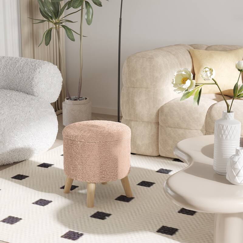 Linen Upholstered Storage Ottoman with Solid Wood Legs and Hidden Storage for Bedroom or Living Room