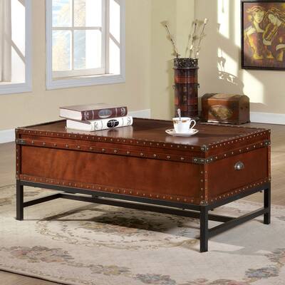 Galvanized Iron and Wood Coffee Table with Storage in Cherry Finish