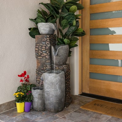 Alpine Corporation HIM562 42" Gray Outdoor Floor 4‑Tier Stone Bowl Fountain with LED Lights