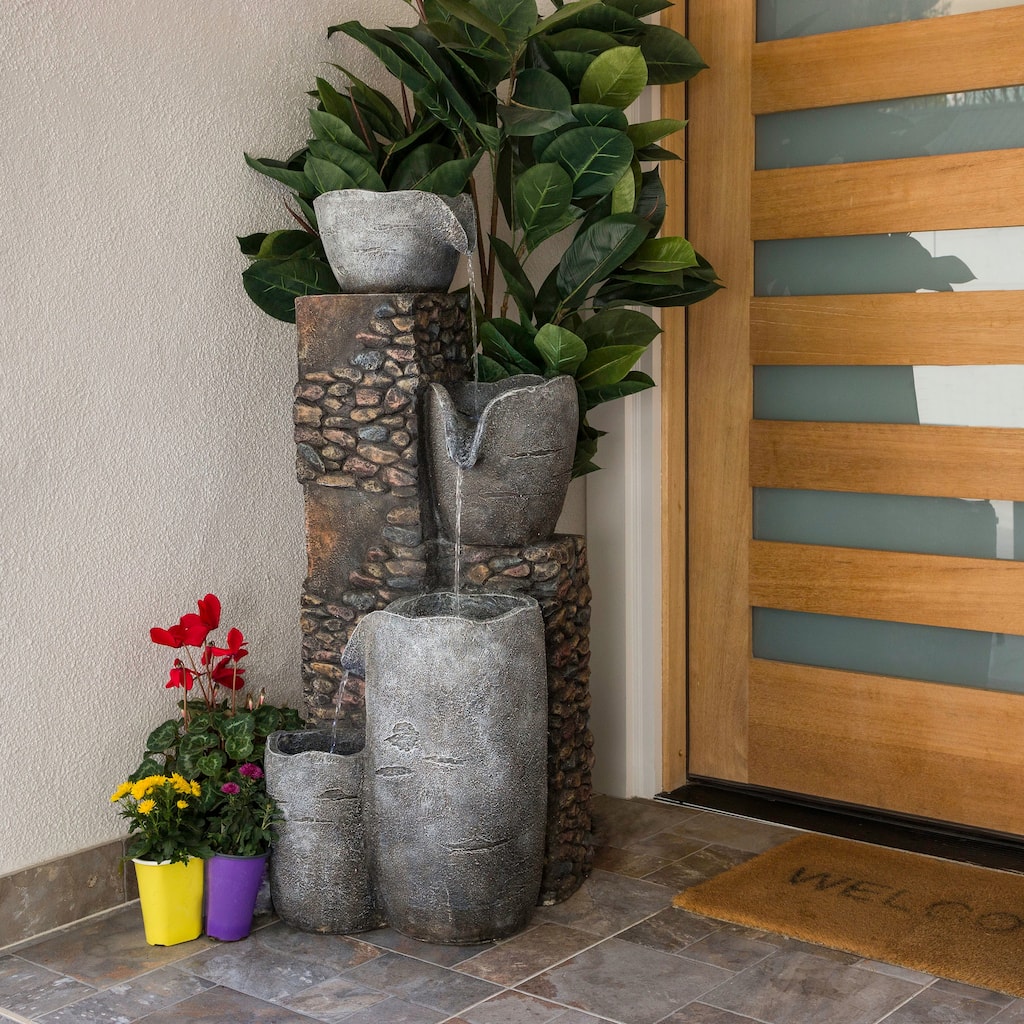 Alpine Corporation HIM562 42" Gray Outdoor Floor 4‑Tier Stone Bowl Fountain with LED Lights