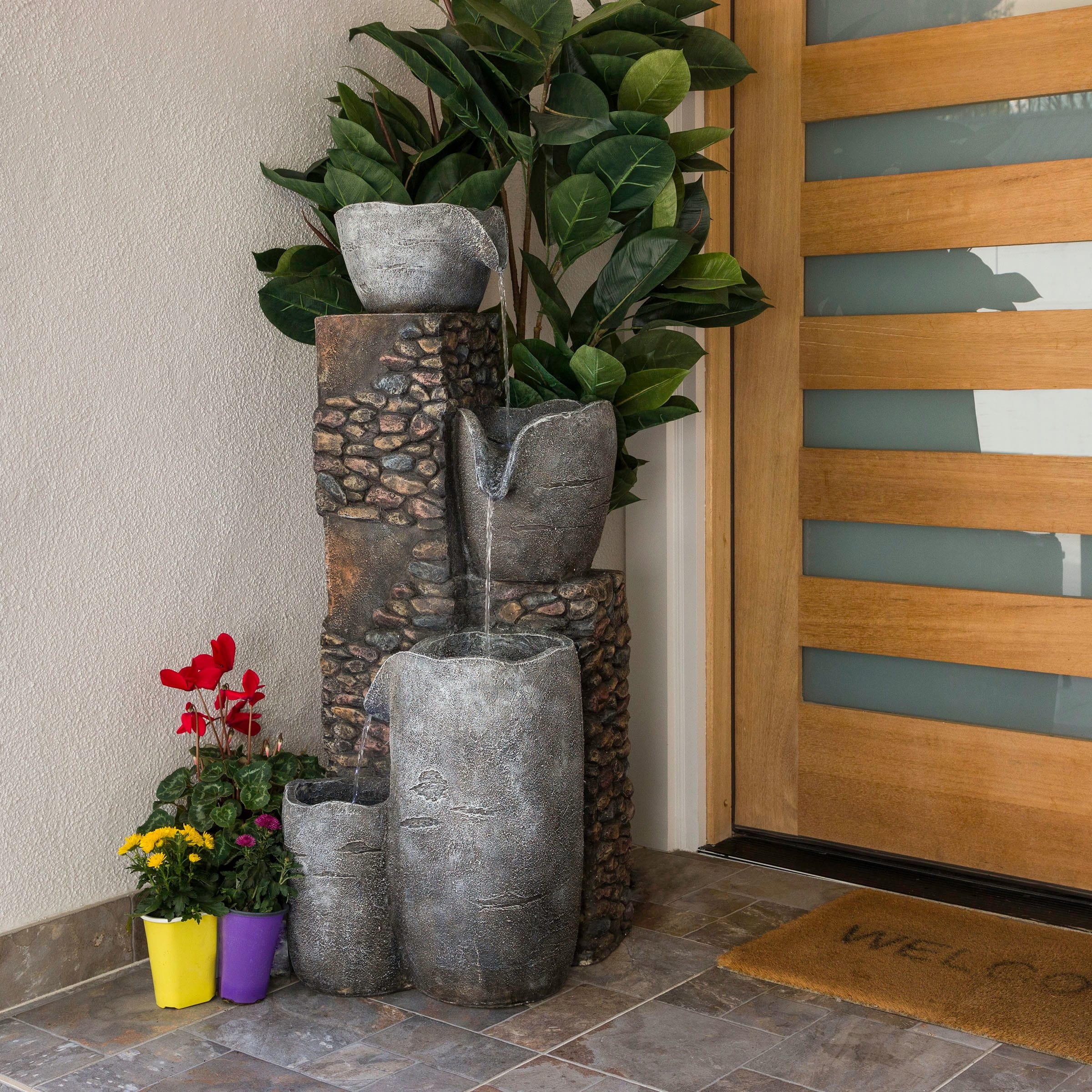 Alpine Corporation HIM562 42" Gray Outdoor Floor 4‑Tier Stone Bowl Fountain with LED Lights