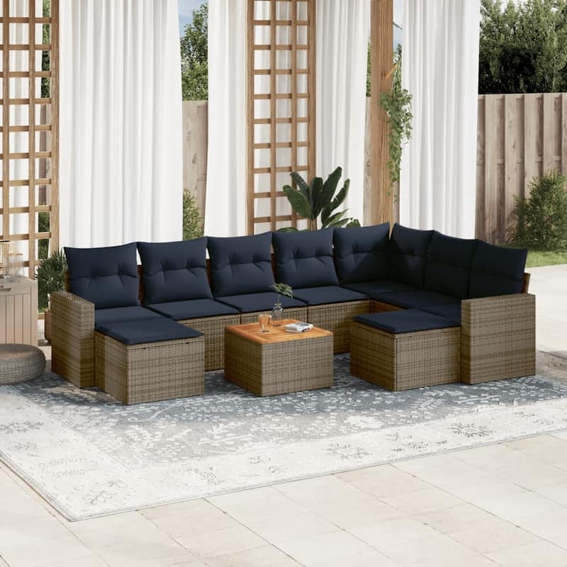 vidaXL 10 Piece Patio Sofa Set with Cushions Black Poly Rattan - 24.4" x 24.4" x 27.2" - Grey