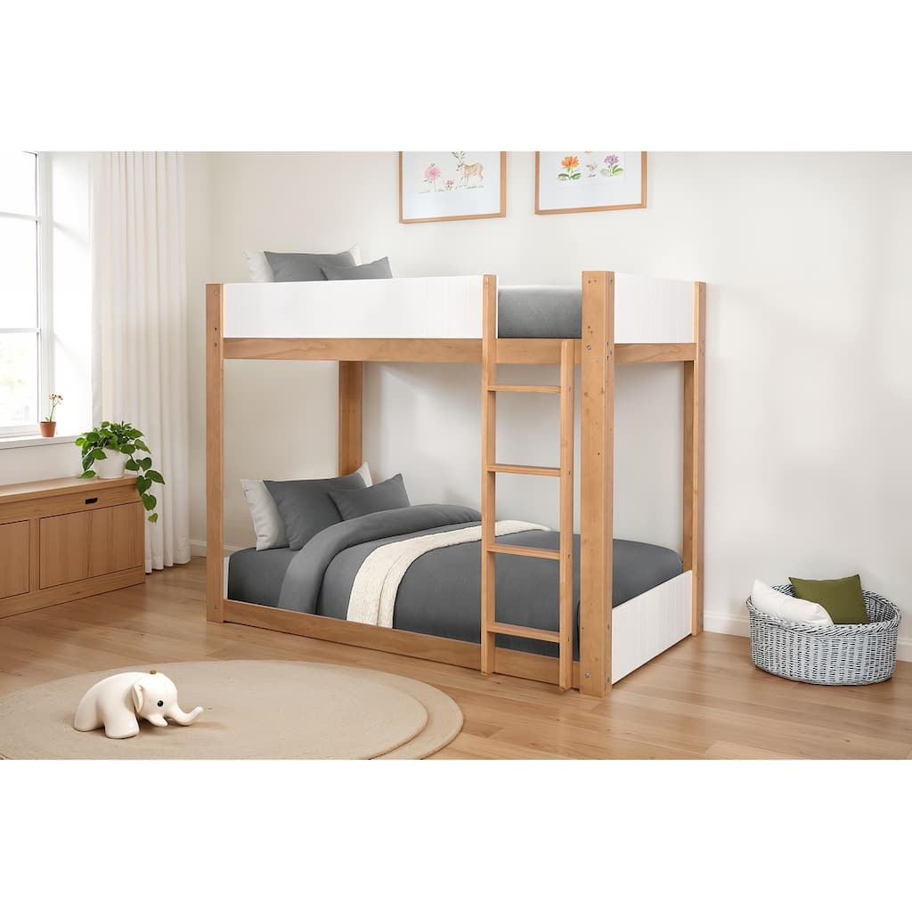 Twin Over Twin Bunk Bed with Side Ladder, Natural White Finish, Pinewood & Engineered Wood, Low Profile