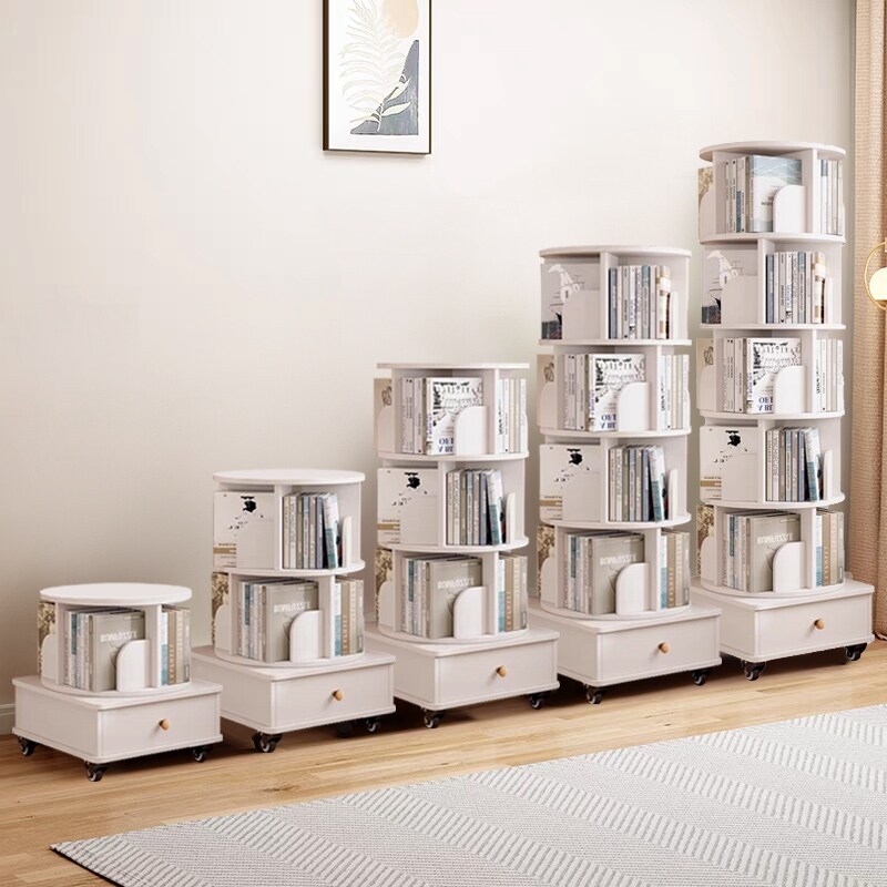 Rotating Bookshelf With Drawer, 360 Display 6 Tier Corner