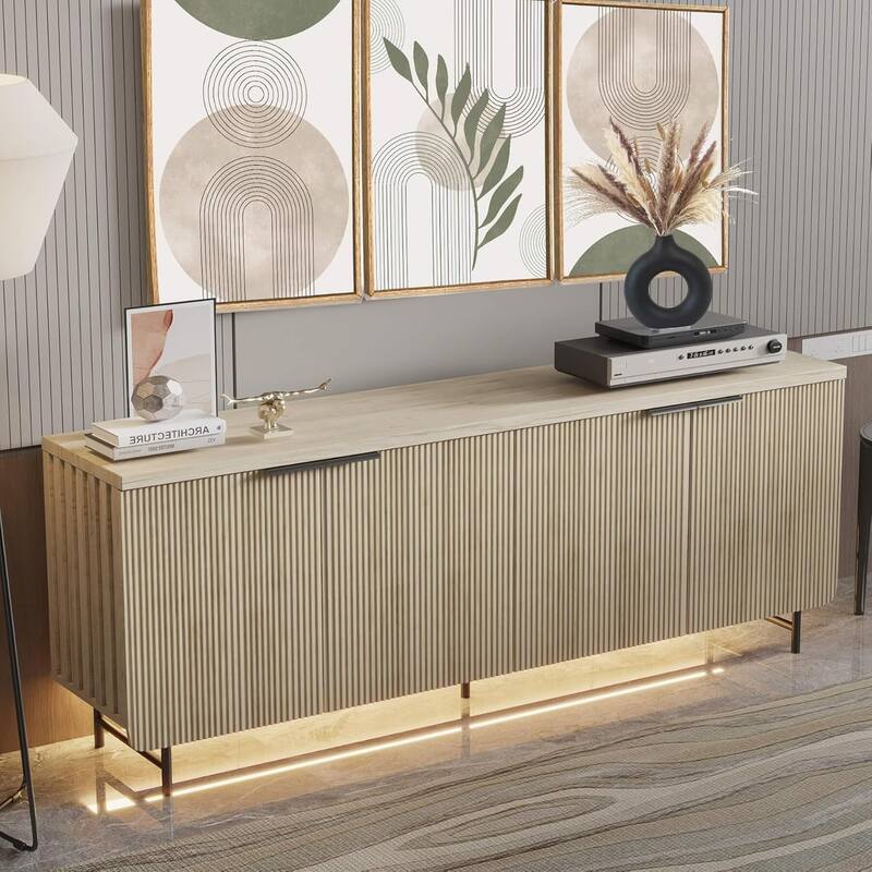 68" Mid Century Fluted TV Console Table Sideboard Cabinet with Cabinets Storage - 68inch - Yellow