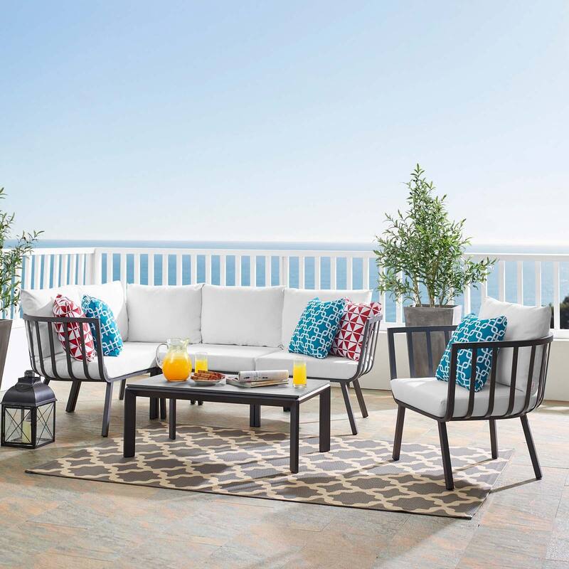 Riverside 4 Piece Outdoor Patio Aluminum Sectional Set with Armchair and Table - Gray White