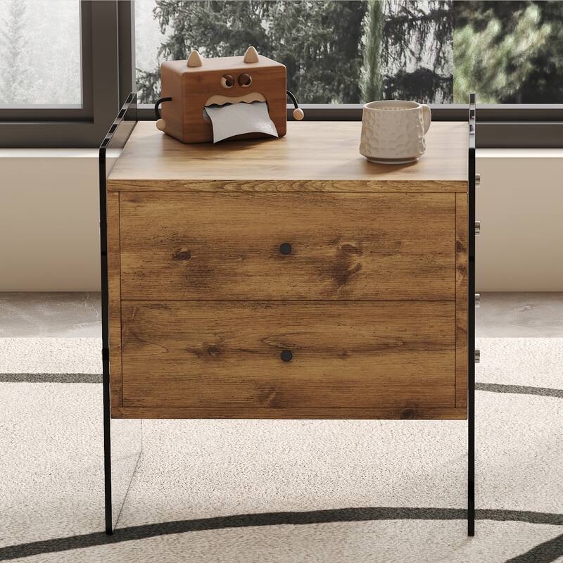 17.7" Modern Square Coffee Table with 2 Drawers and Tempered Glass Legs for Living Room