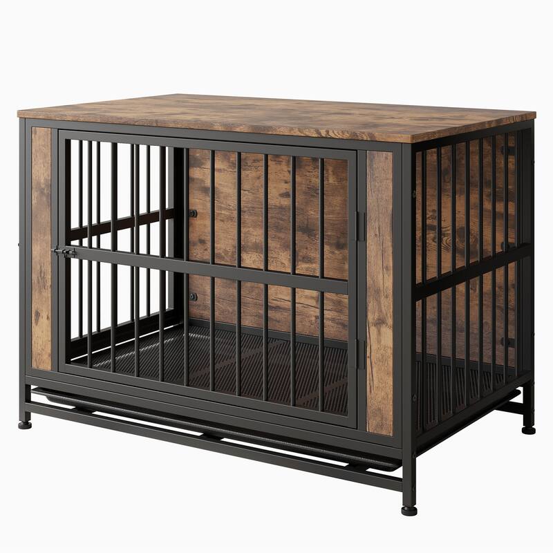 Dog Crate Furniture, Wooden Dog Crate Table, 38.9" Dog Kennel with 2 Sliding Doors and Thick Iron Door Frame, for Large Dog