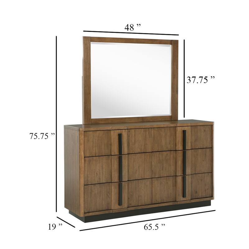 Reon Wide Dresser with Mirror, 6 Drawers, Vertical Fluting, Brown Wood