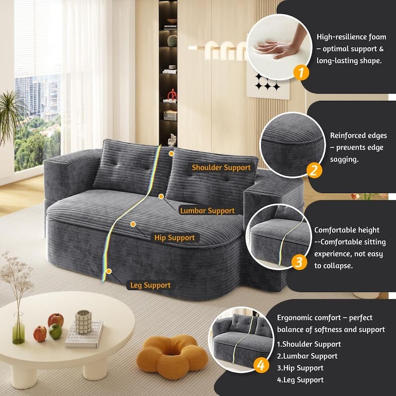 78.7" Modern Convertible Corduroy Sofa Bed with 2 Pillows, Floor Deep Seat Sleeper Couch, Foldable 2-in-1 Sofa for Living Room