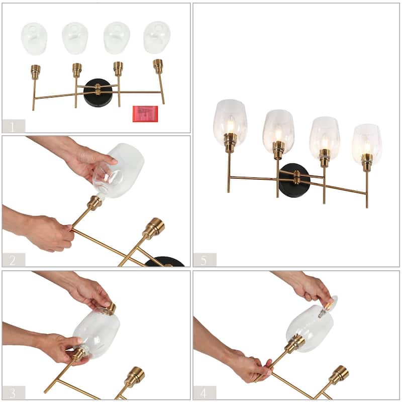 Denan Modern Glam Black Gold 4-Light Bathroom Vanity Lights Bedroom Wall Sconces with Textured Glass