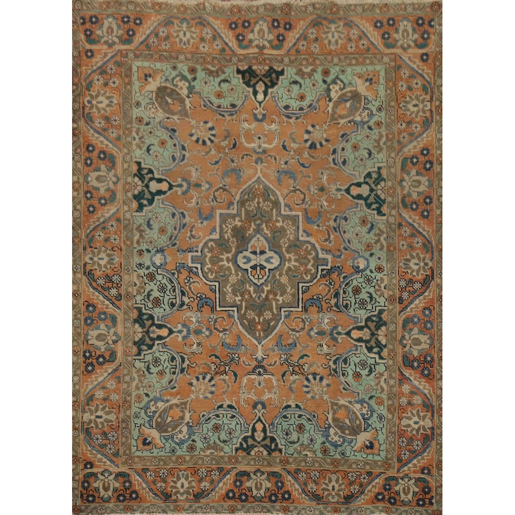 Hand Knotted Oriental 100% Wool Carpet Traditional Floral Oranges & Rust Tabriz Area Rug - 6' 0'' X 4' 6''