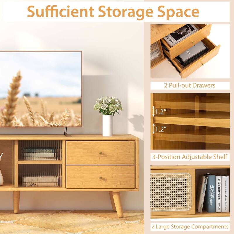 Costway Bamboo TV Stand Console Table with PE Rattan Door & 2 Drawers - See Details