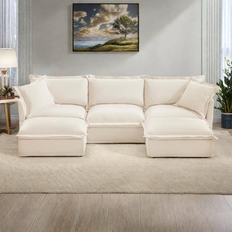 120" U-Shaped Chenille Sectional Sofa with 3-Seater and French Edge Pillows & Cloud Cushions - Cream