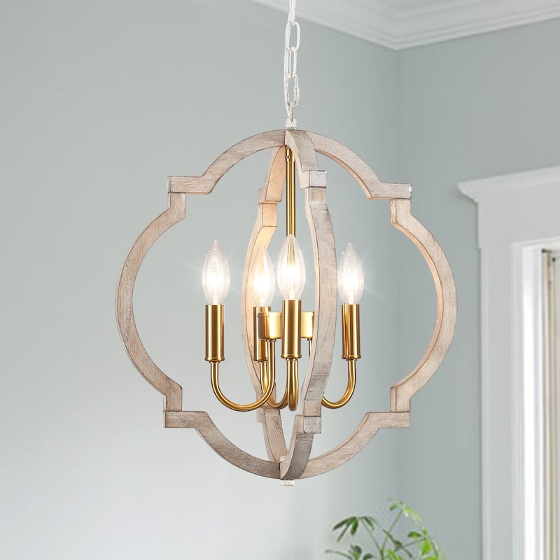 4-Light 16.33"W Wooden Lantern Rustic Chandeliers for Dining Room Kitchen - Gold