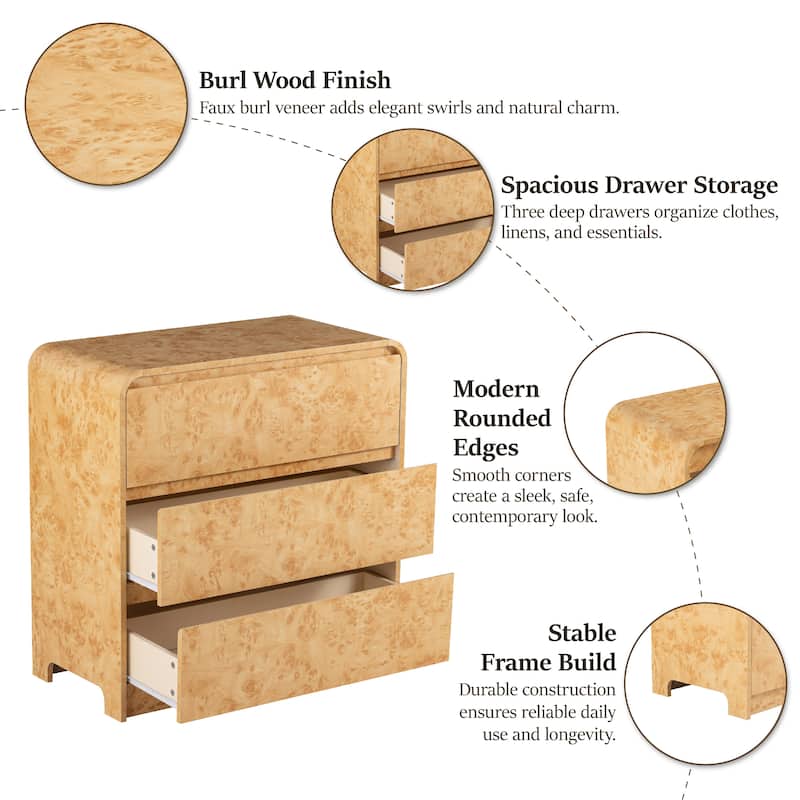 COZAYH Farmhouse Wood Nightstand, Rounded Edge Modern & Mid-Century Dresser, Burl Wood Finish in Natural