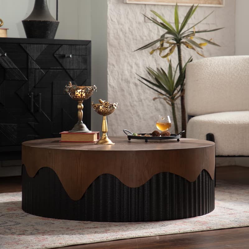 38.97" Round Coffee Table Handcrafted Relief Sturdy Pedestal Wooden Tea Table for Living Room no need to Assemble