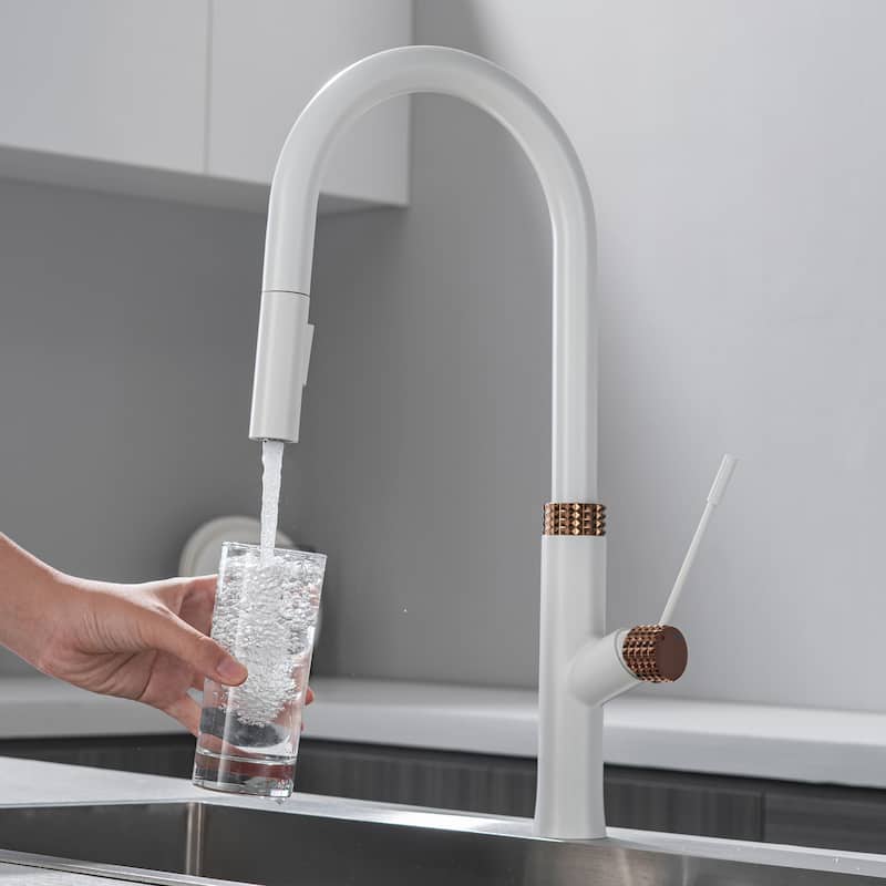 19"H Solid Brass High-Arc Single Handle Gooseneck Pull Down Sprayer Kitchen Faucet
