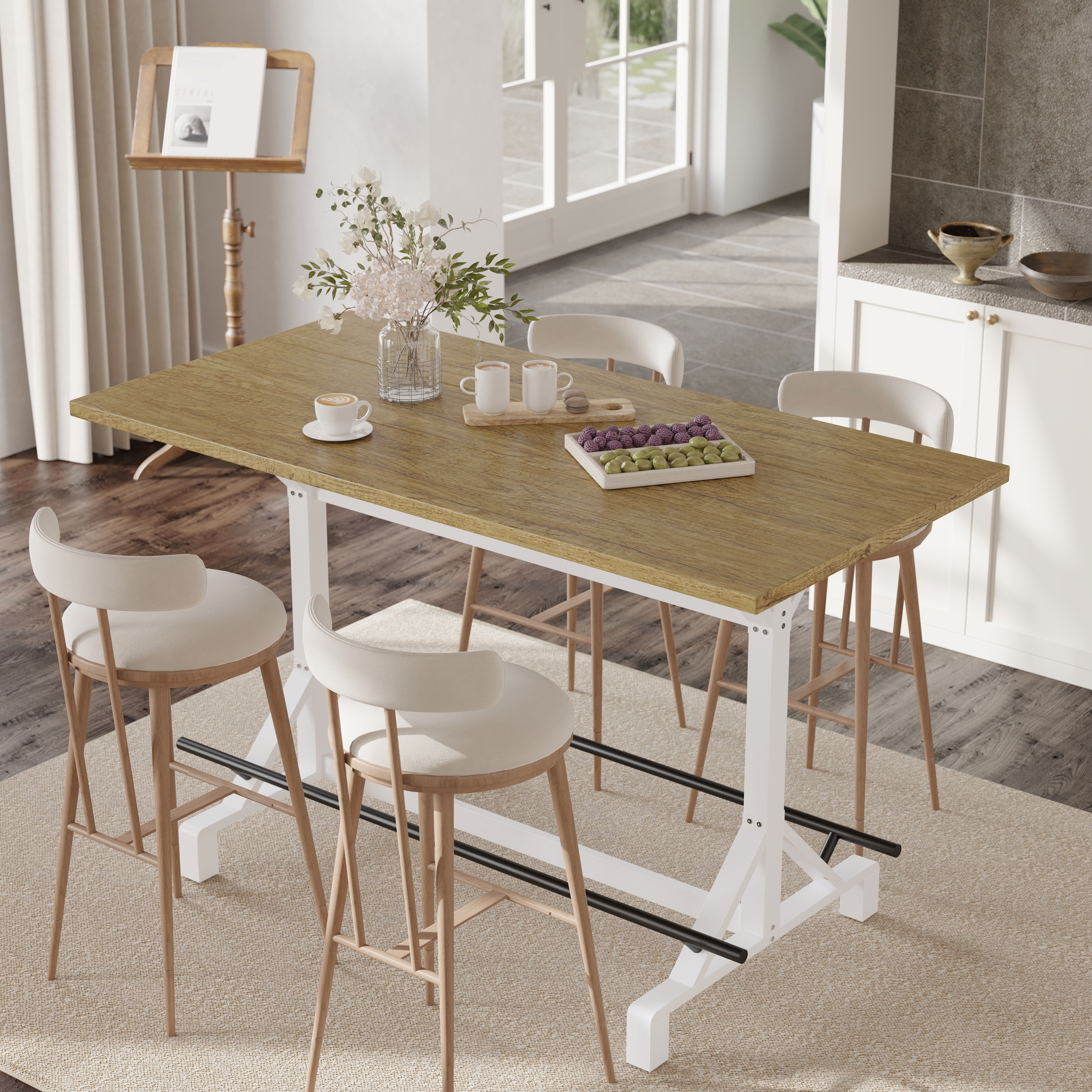 59"Bar Height Table with Footrest, Rectangular Wooden Tabletop Bar Table, Heavy Duty Metal Frame High Pub Table