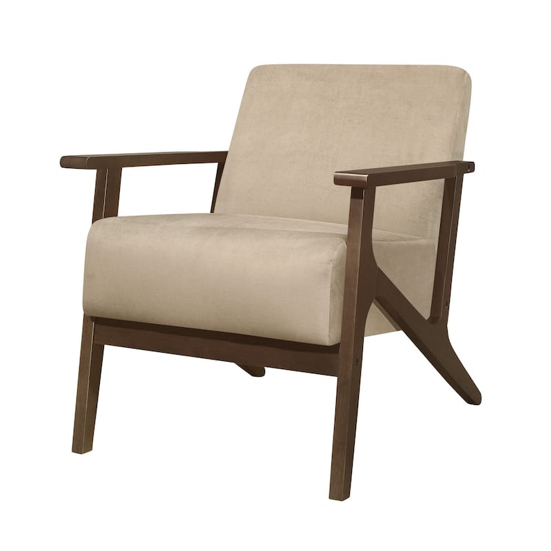 Rica 32 Inch Accent Armchair, Soft Beige Velvet, Walnut Brown Solid Wood