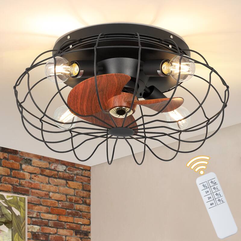Depuley 20" Caged Ceiling Fan with Lights Remote Control Farmhouse Timer 3-Speed Flush Mount Ceiling Fan for Living Room - Brown